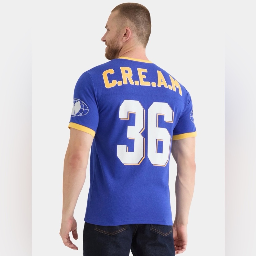 Men’s Wu-Tang Blue and Yellow Football Jersey Style Graphic Shirt - Picture 3 of 5